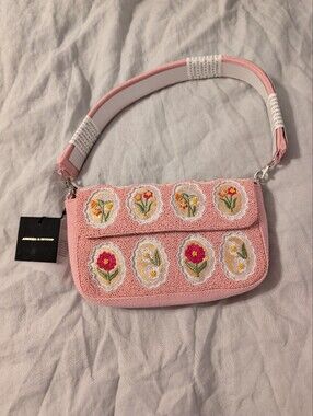 America & Beyond NWT VIRAL Beaded Shoulder Bag 3D Floral Print Pink Red White